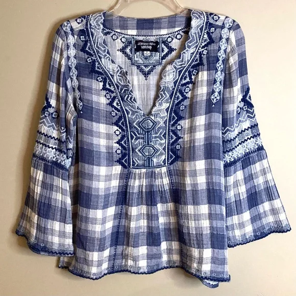 Johnny Was Simonee Flare Sleeve Blouse Plaid Geometric Embroidery Blue Size XS